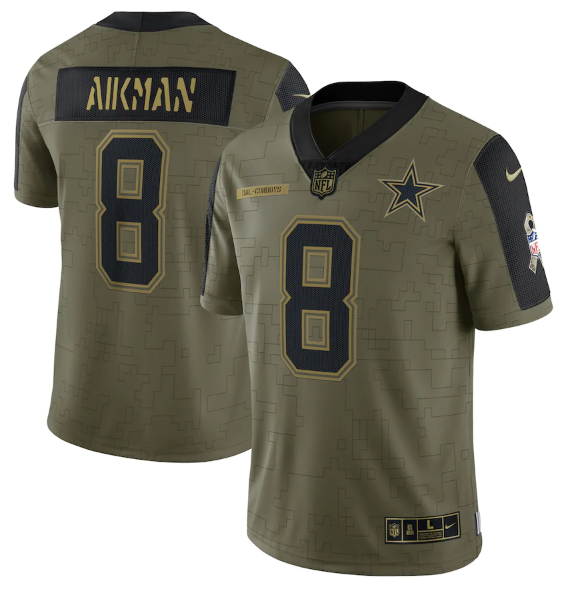 Men's Dallas Cowboys #8 Troy Aikman 2021 Olive Salute To Service Limited Stitched Jersey
